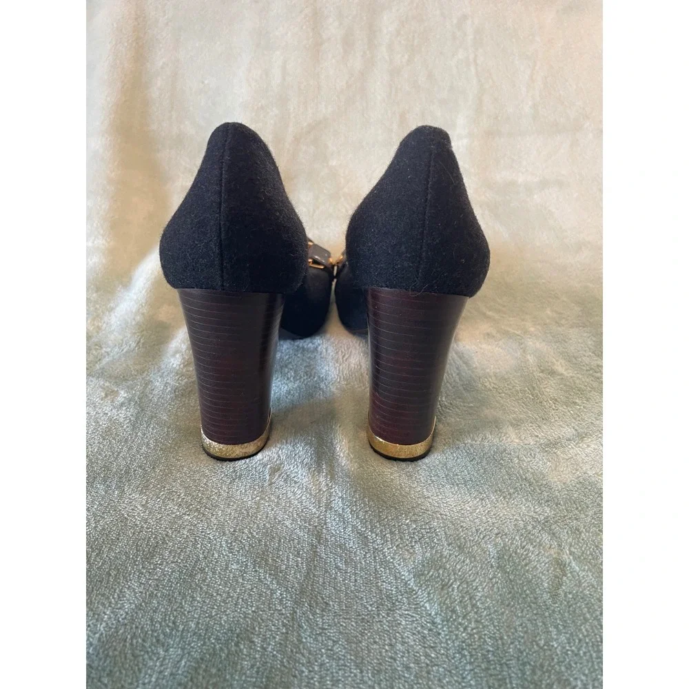 Tory Burch Black Wool Block Heel Pumps Square Toe Gold Chain Buckle Size‎ 9.5 M